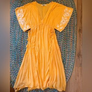 Rip Curl Vibrant peach-yellow Maxi Dress with White Embroidery & ties on sides M